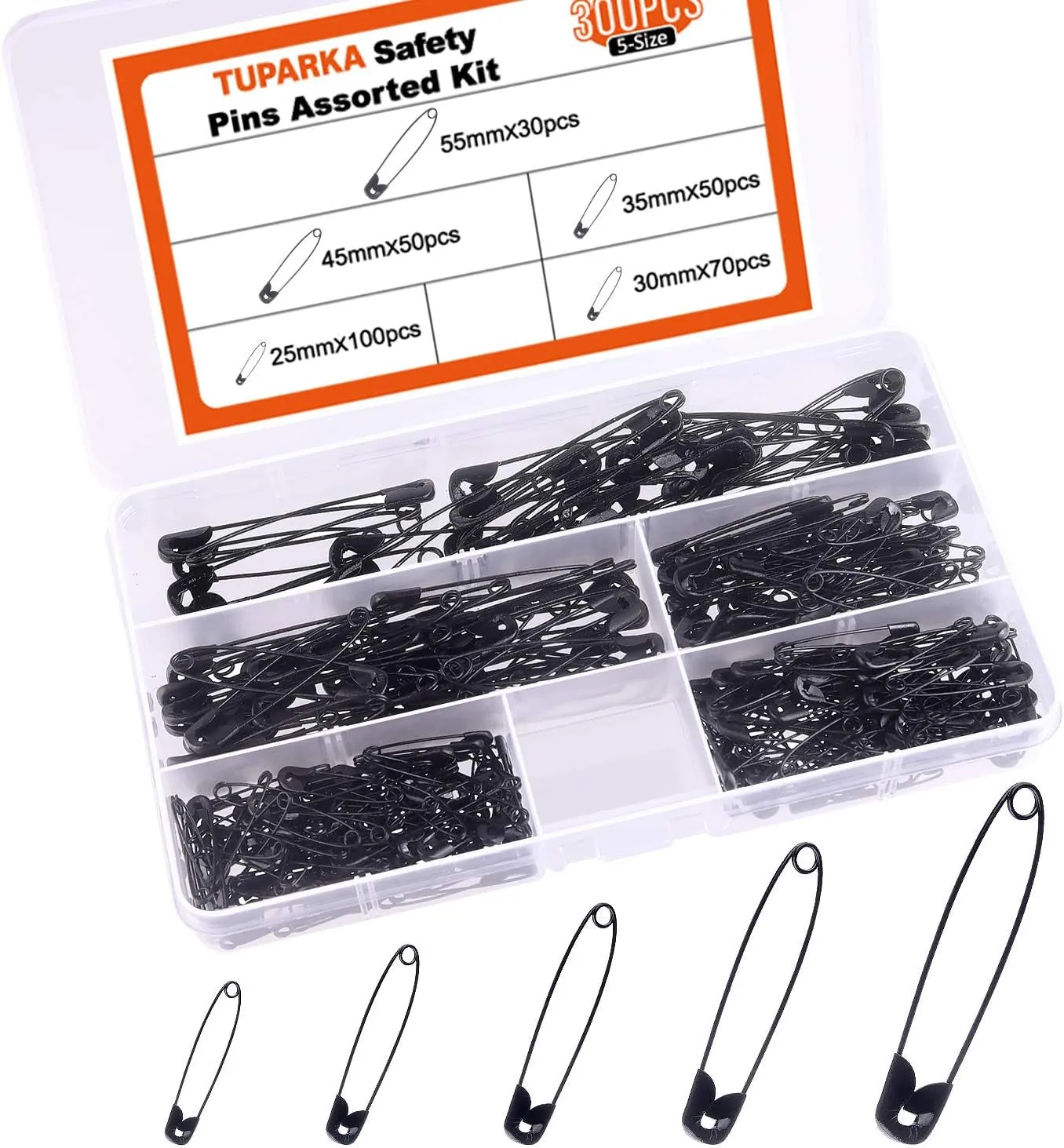 5 Sizes Black Safety Pins Assorted 25-55Mm