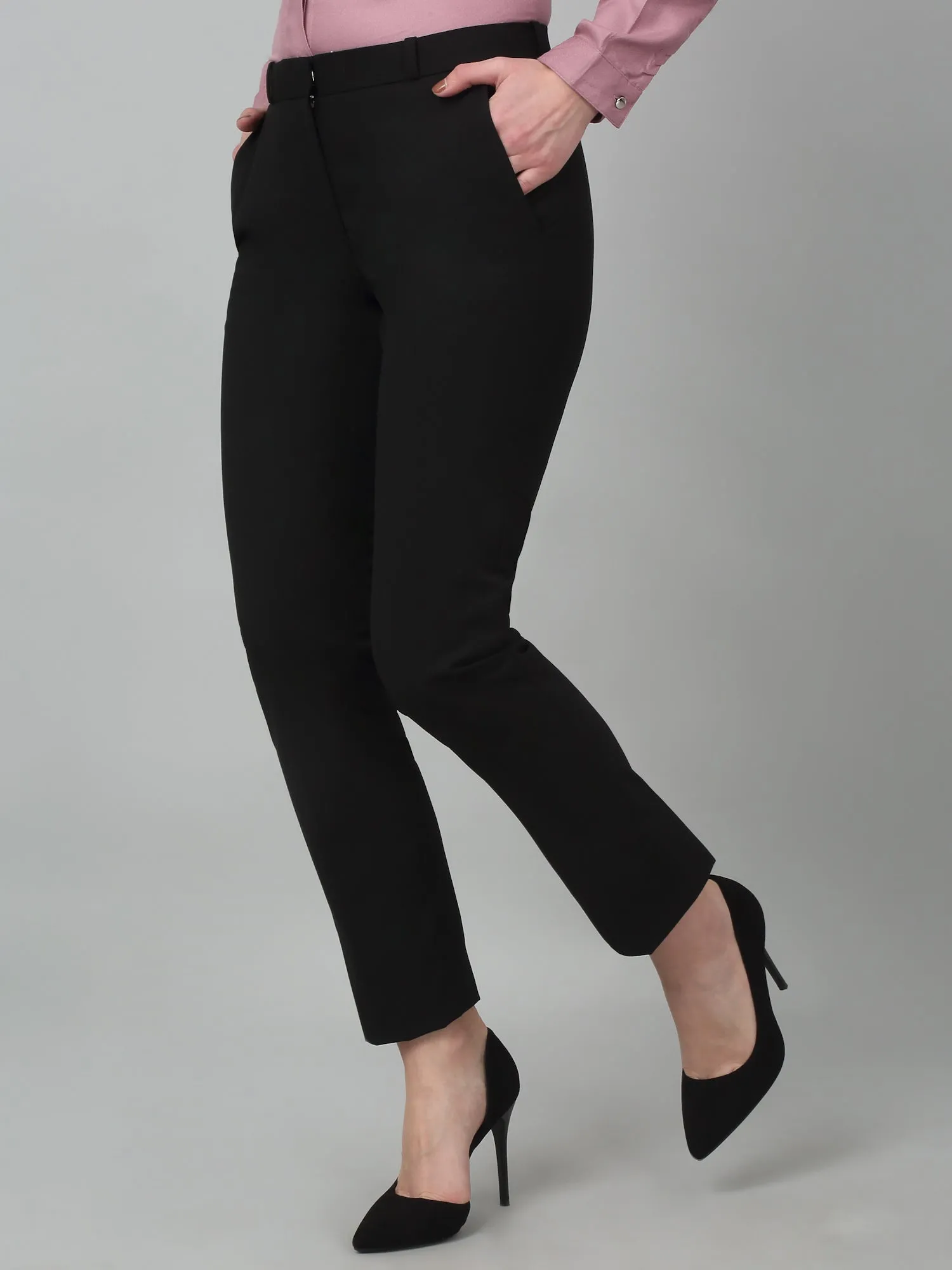 Cantabil Black Solid Non-Pleated Formal Trouser For Women