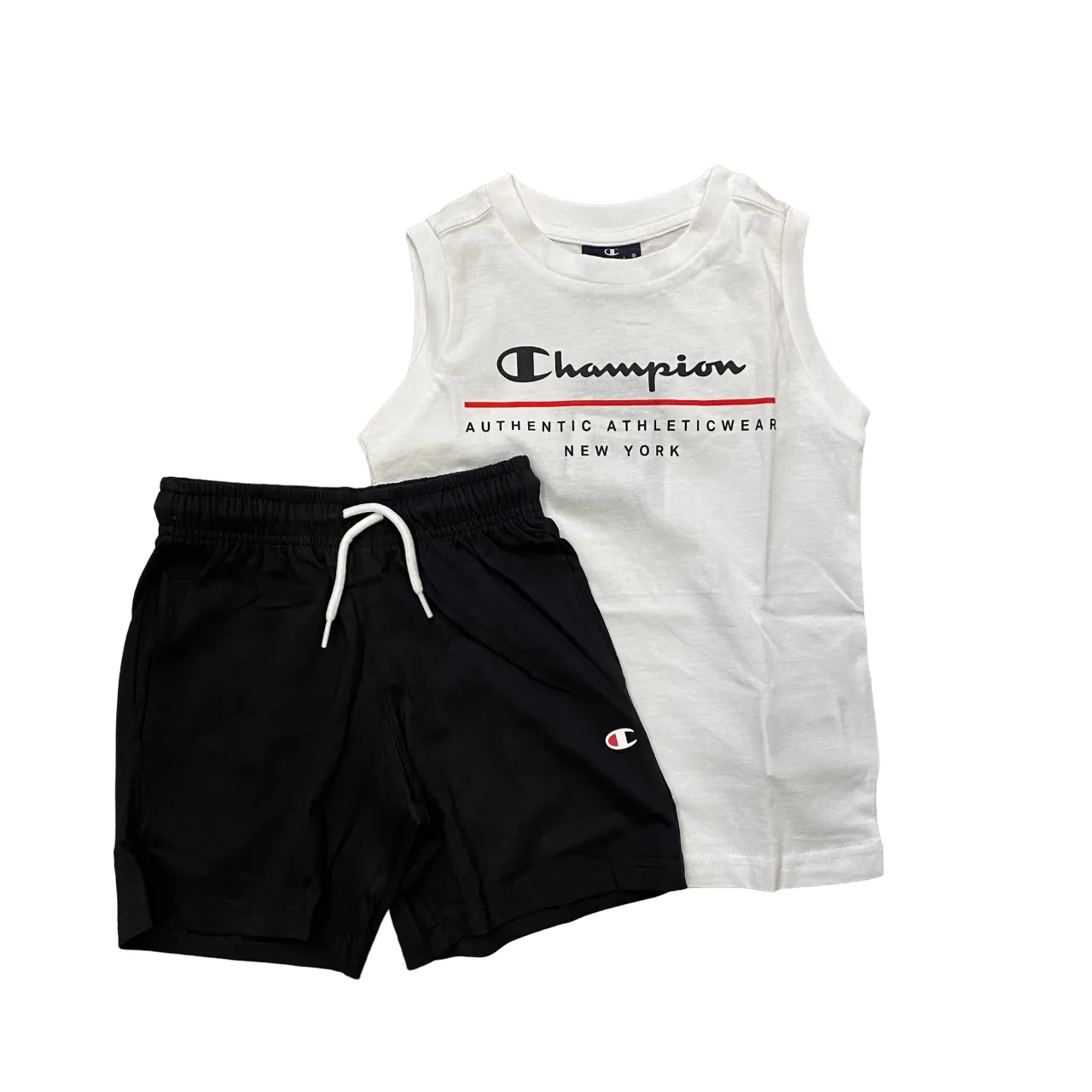 Champion boy's cotton suit with sleeveless t-shirt and black and white shorts