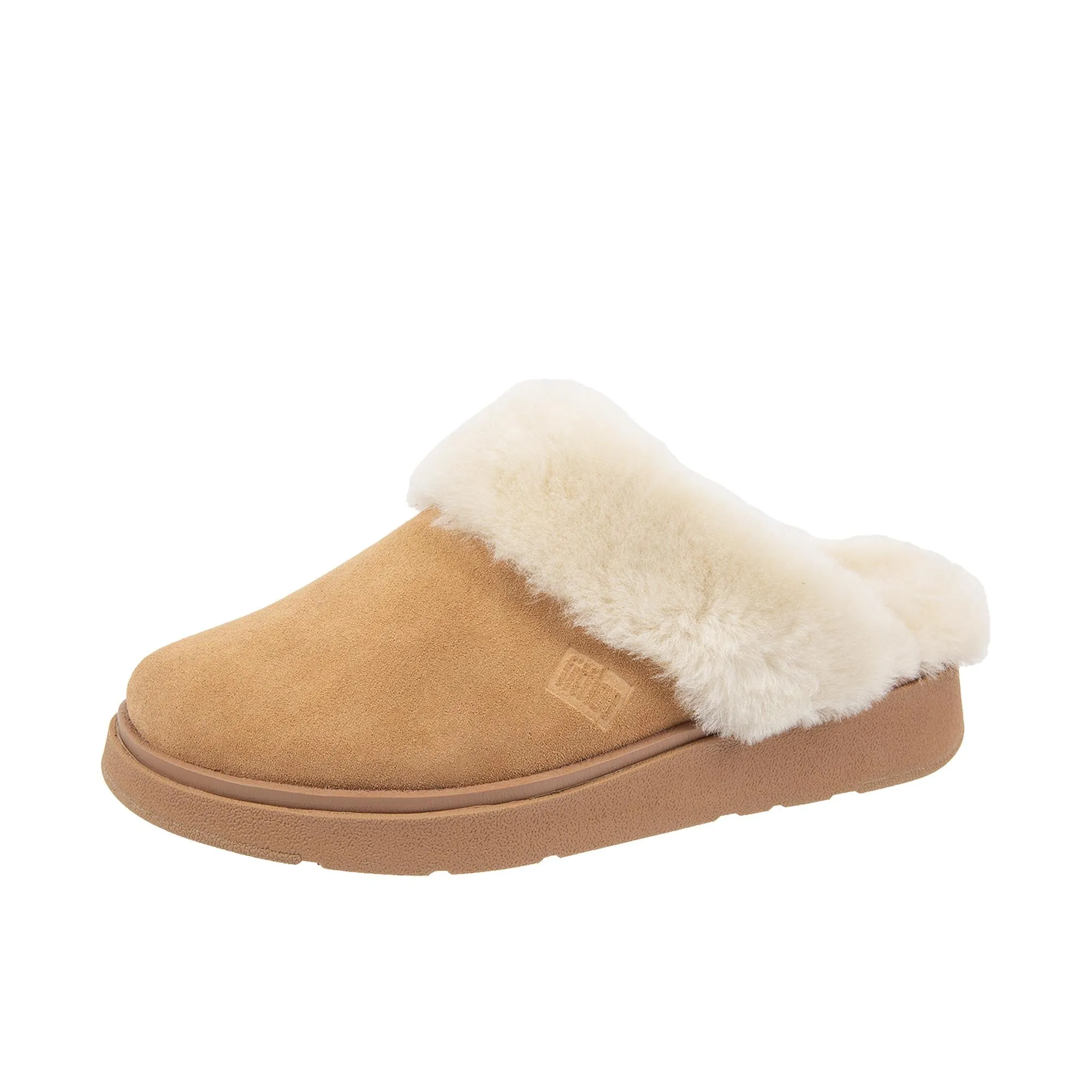 FitFlop Womens Gen-FF Shearling Collar Suede Slippers Desert Tan