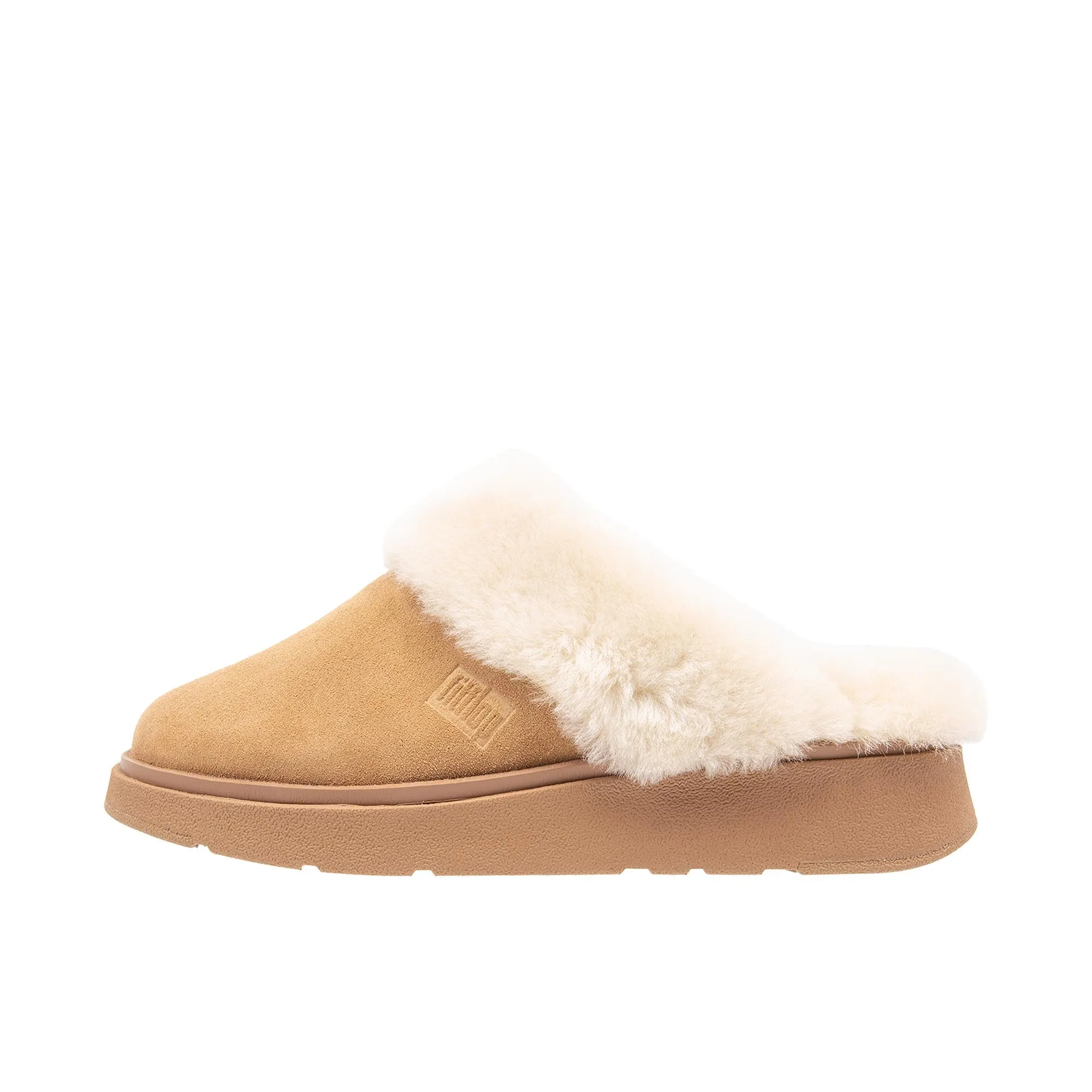 FitFlop Womens Gen-FF Shearling Collar Suede Slippers Desert Tan