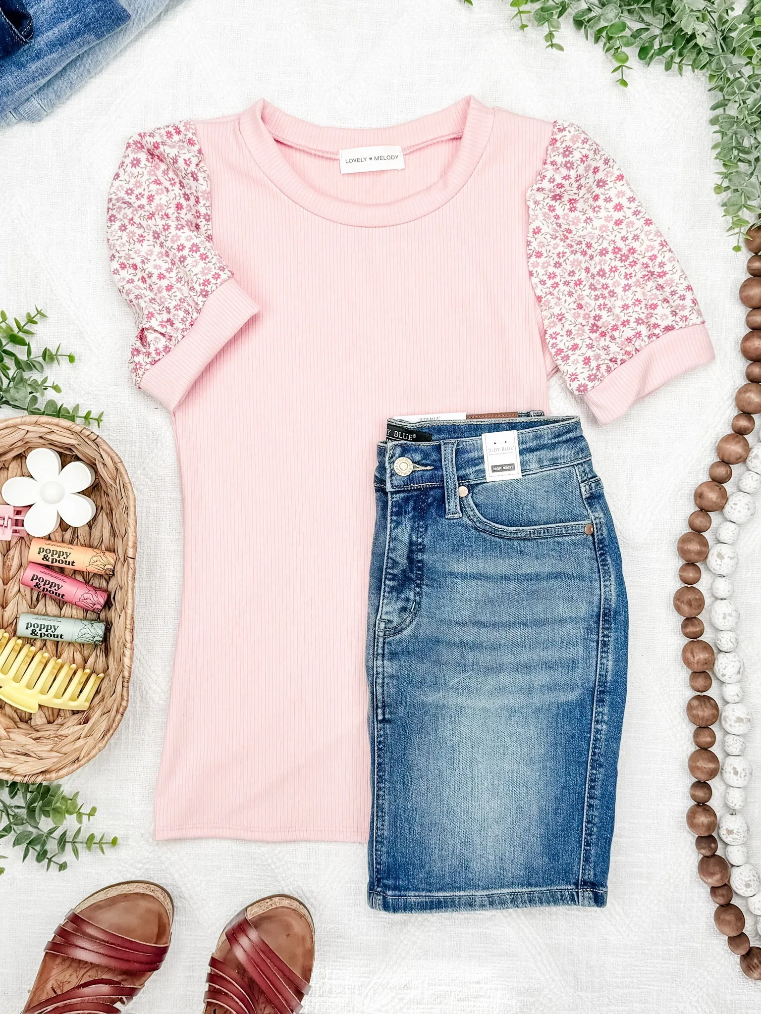 Floral Sleeve Top In Peachy Rose Knit