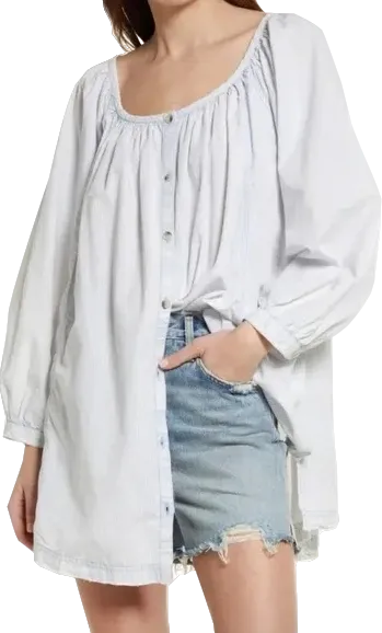 Free People Oxford Swing Tunic Blouse In Off White / Blue Stripe BNWT UK XS