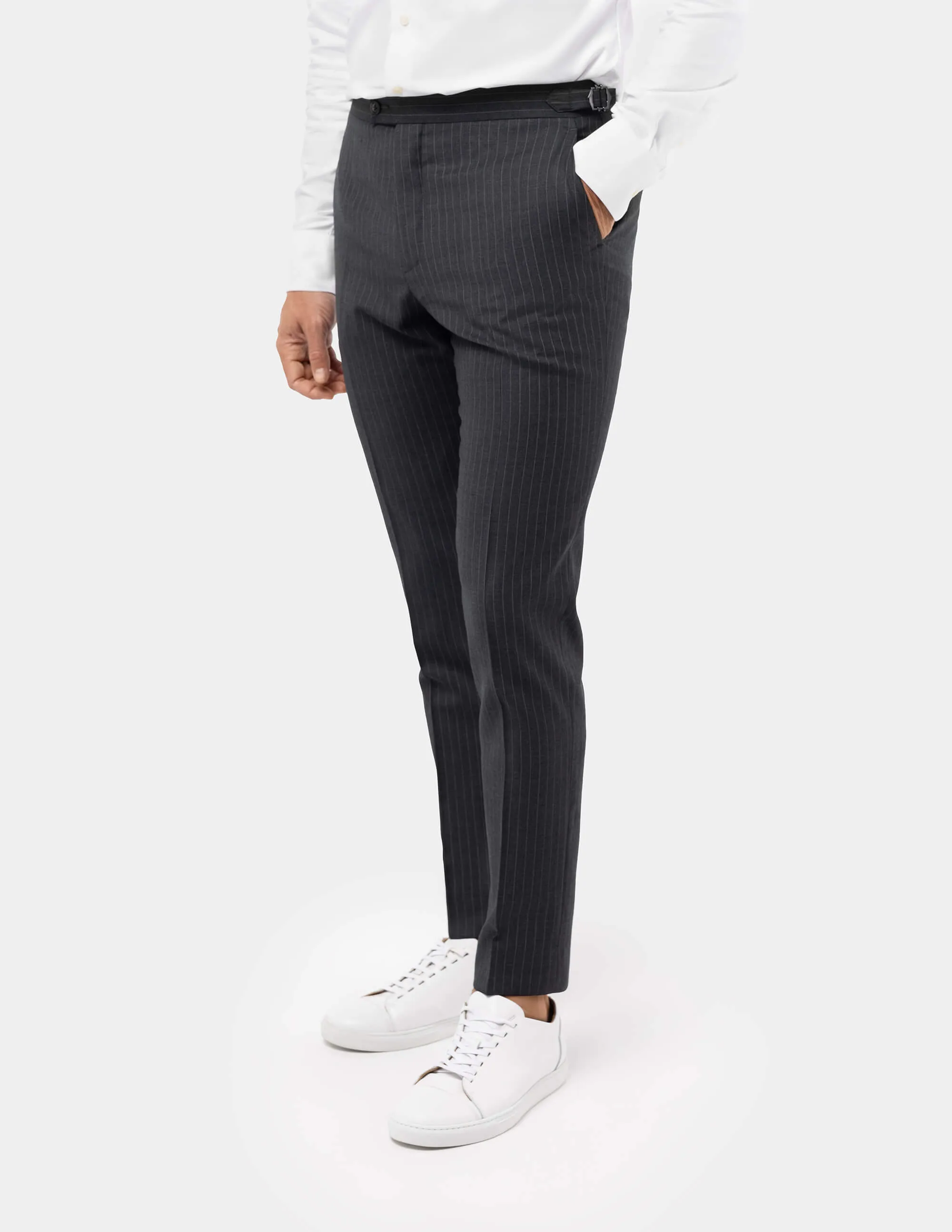 Grey White Stripes Wool Trousers