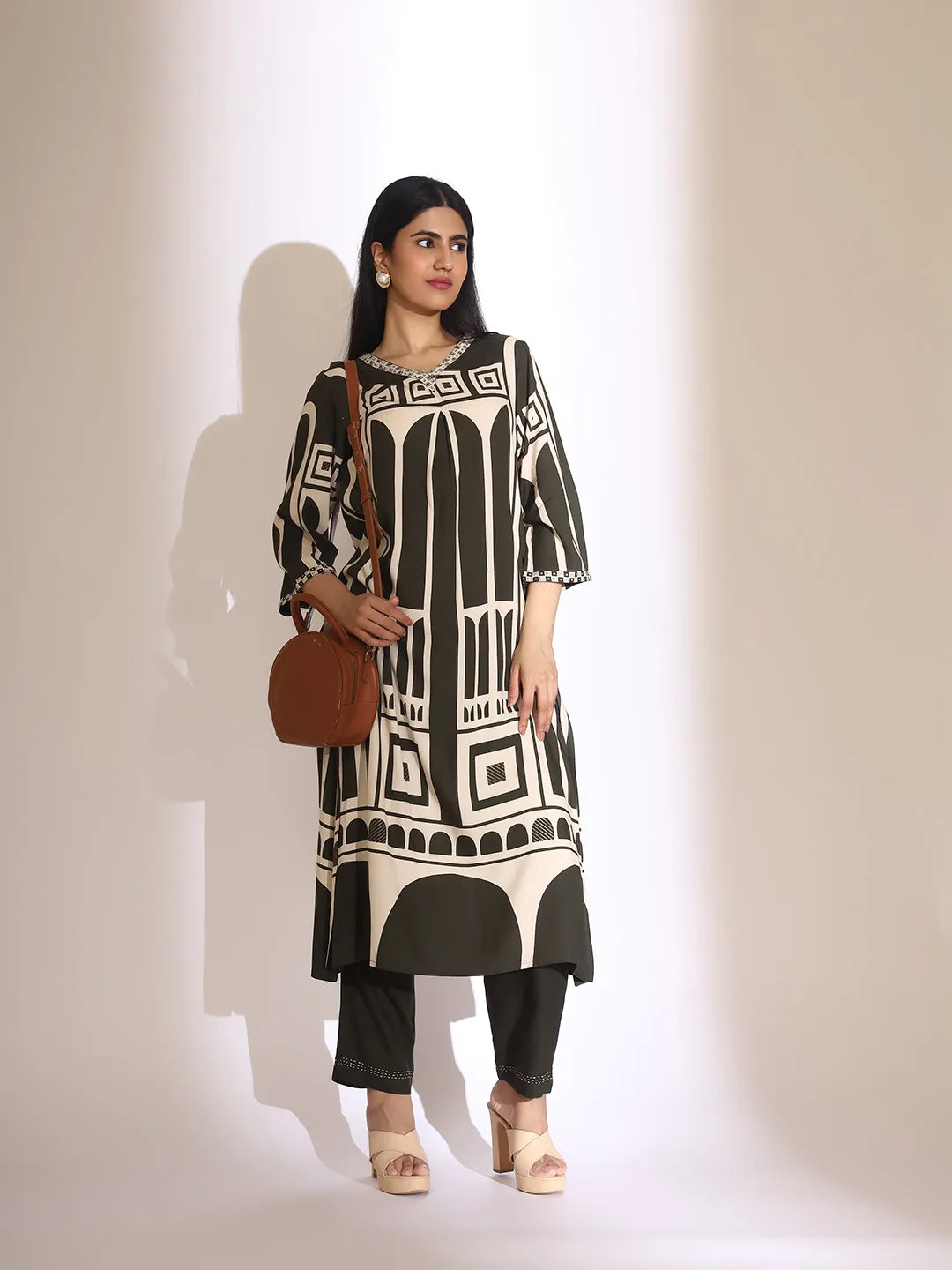 ISHIN Women Geometric Quirky Printed A- Line Kurta & Trouser with Embroidered Hem