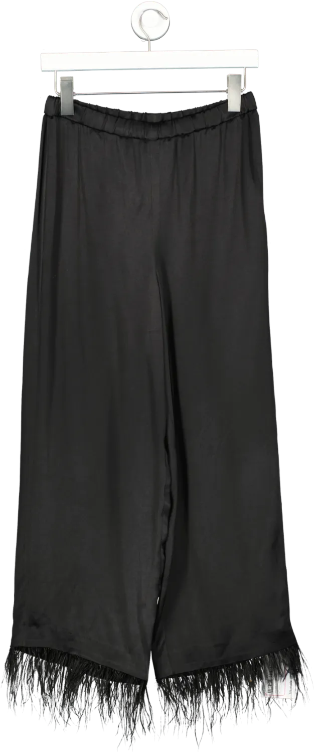 Karen Millen Black Viscose Satin Crepe Feather Trim Trousers UK 8