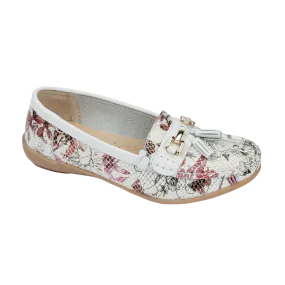 Ladies Leather Slip on White/Gold Multi Shoes Mandalay Flat Jo & Joe