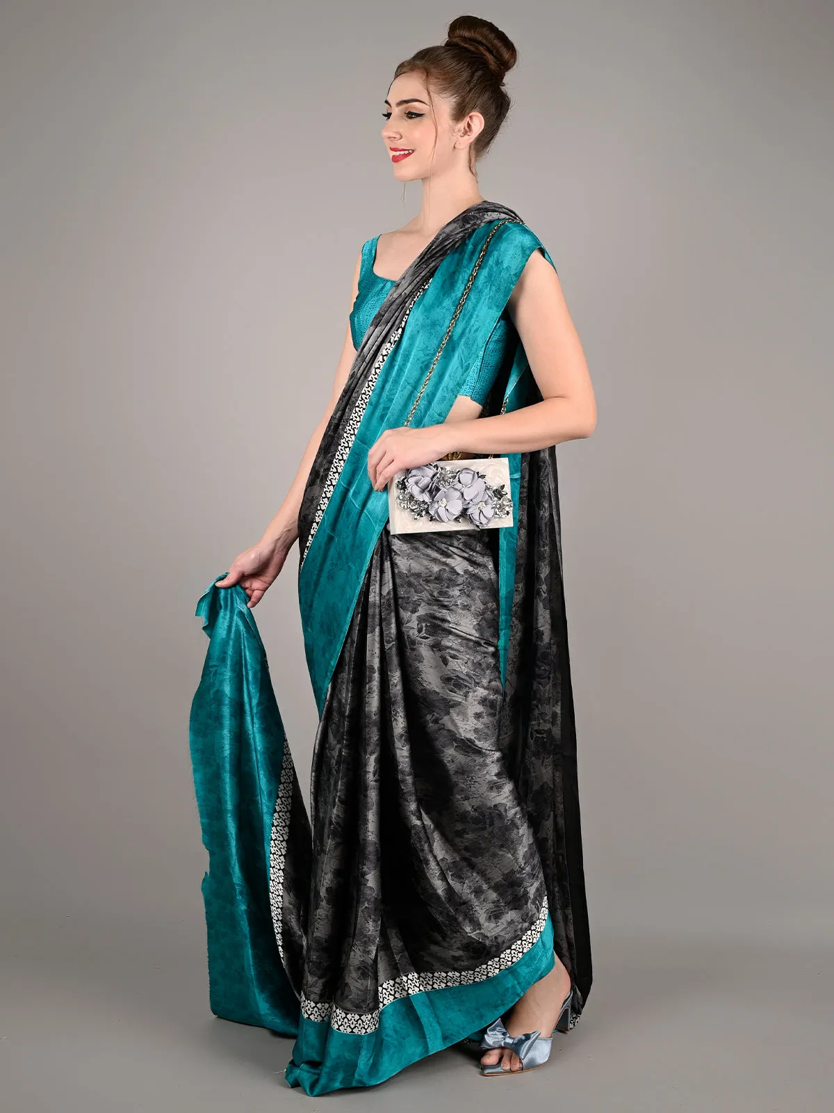 Odette Women Grey Satin Crepe Printed Saree With Unstitched Blouse