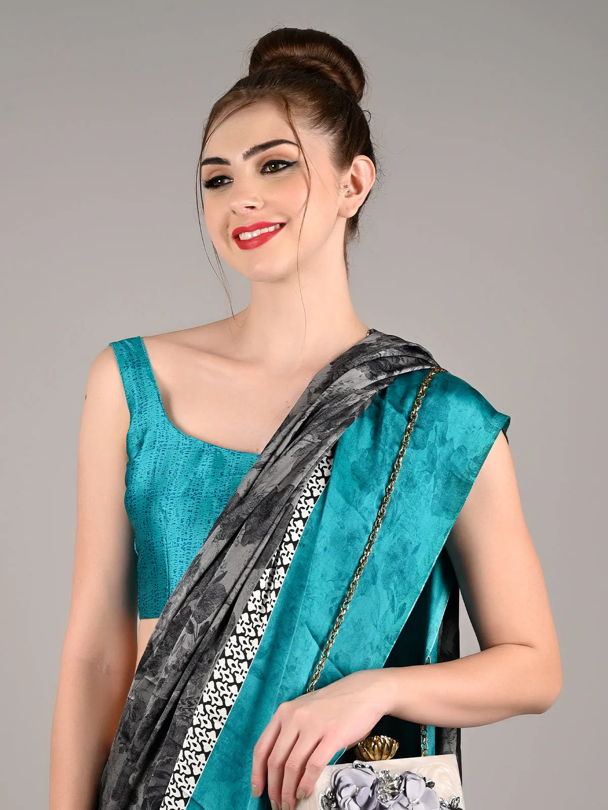 Odette Women Grey Satin Crepe Printed Saree With Unstitched Blouse