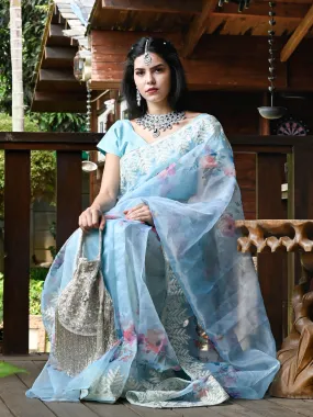 Odette Women Light Blue Organza Floral Print Saree With Unstitched Blouse