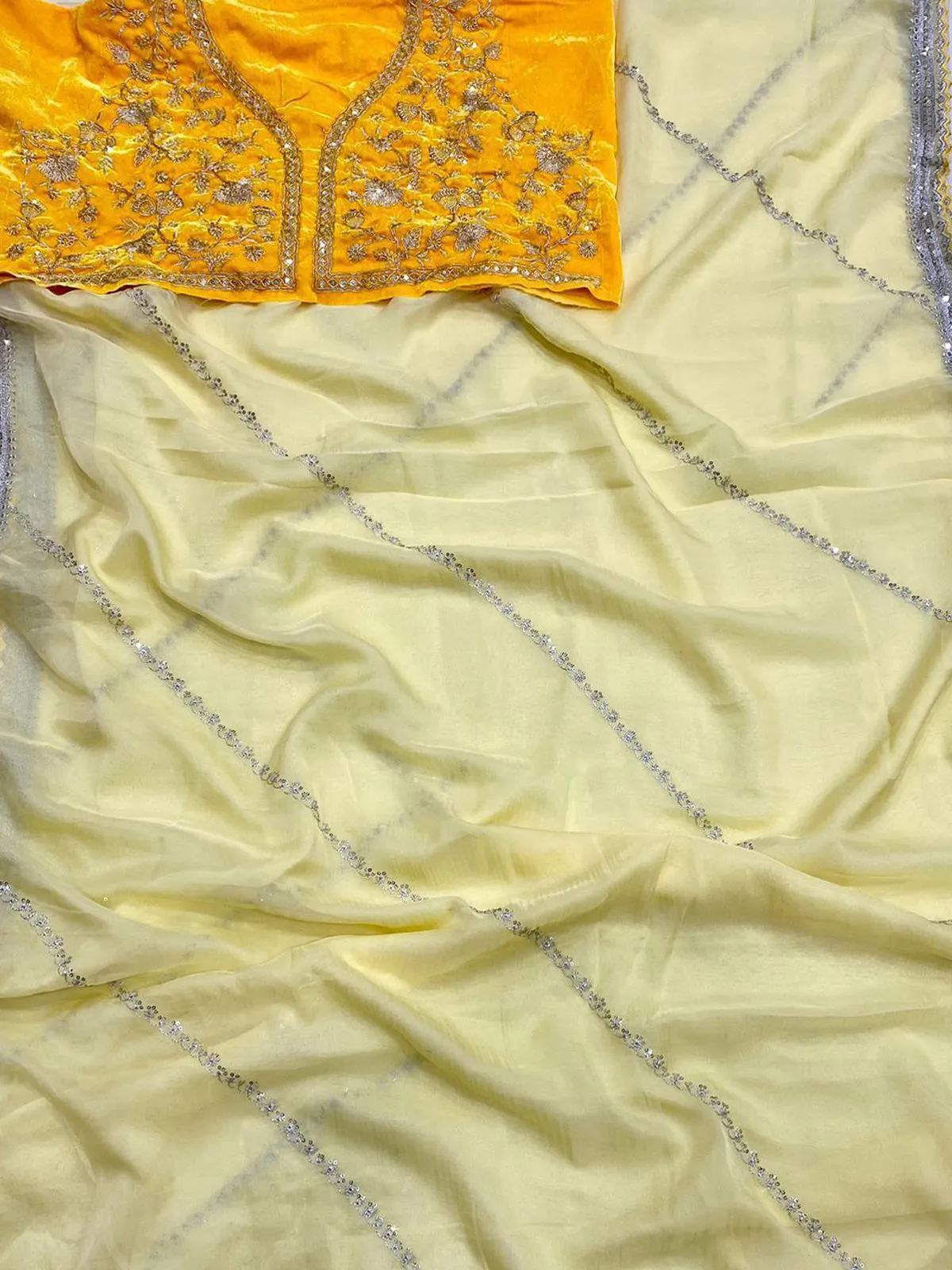 Odette Women Yellow Organza Embroidered Saree With Unstitched Blouse