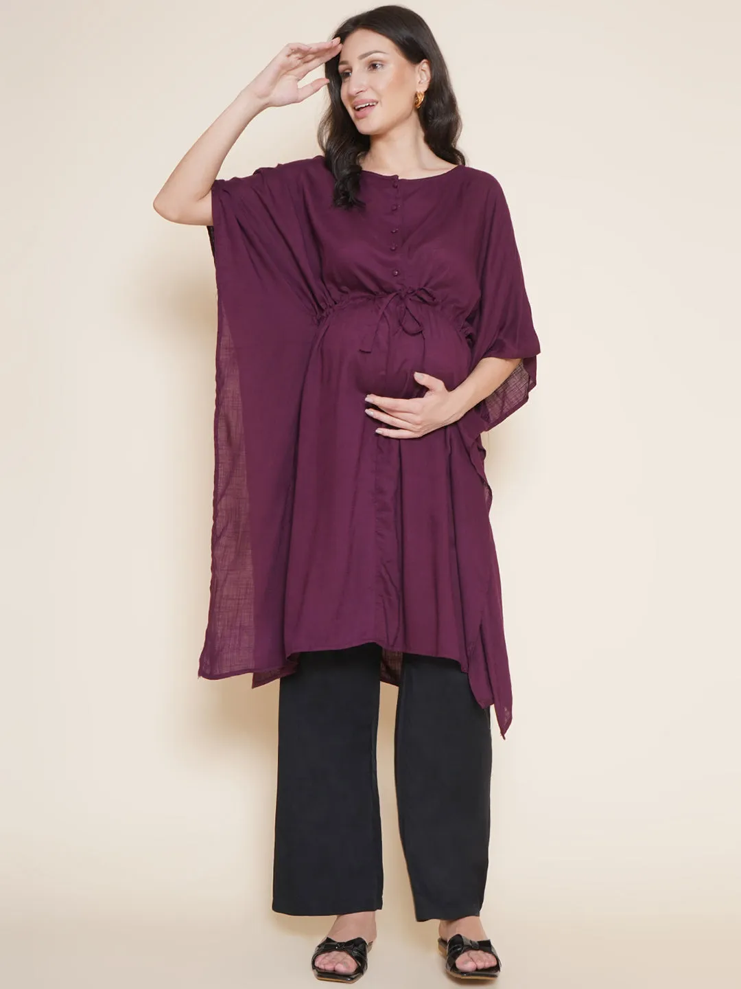 Purple Maternity and Nursing Kaftaan Set with Black Trousers