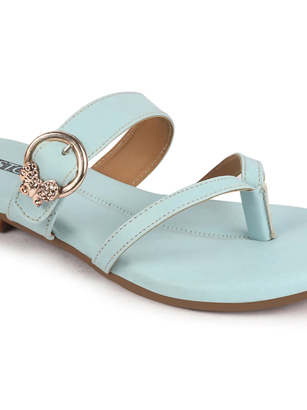 Women Sky Blue Party Chrome Design Buckle Strap Thong Slip On Flats Slipper