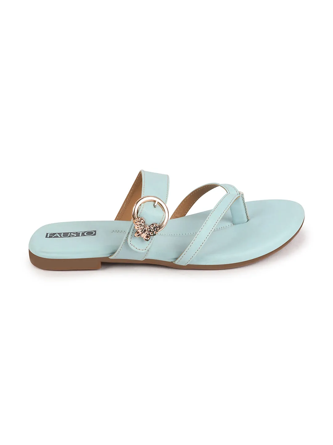 Women Sky Blue Party Chrome Design Buckle Strap Thong Slip On Flats Slipper