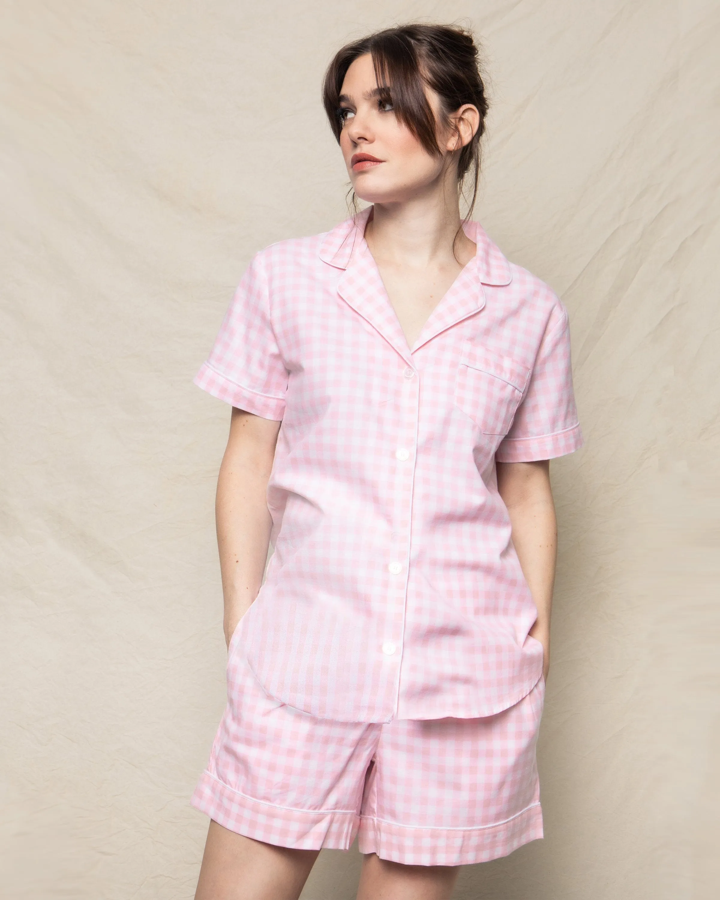 Women's Twill Pajama Short Set | Pink Gingham